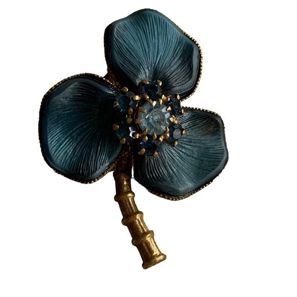 West Germany Jewelry - Vintage Made in West Germany Blue Flower Rhinestone Crystal Floral Brooch Pin